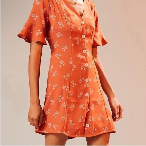Kimchi Blue Urban Outfitters Orange Floral Button Front Dress Size L - Picture 1 of 8
